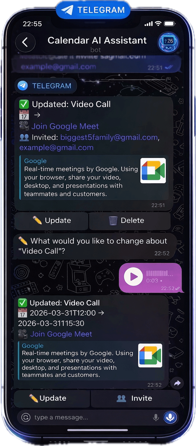 Calendar Assistant Telegram bot scheduling a voice calendar event in Google Calendar