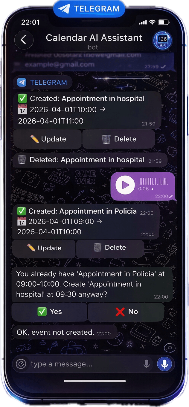 Calendar Assistant commands example